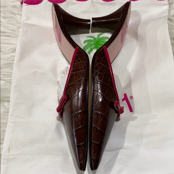 Lilly Pulitzer Louise Brown Croc Kitten Heel Mules - Picture 4 of 11